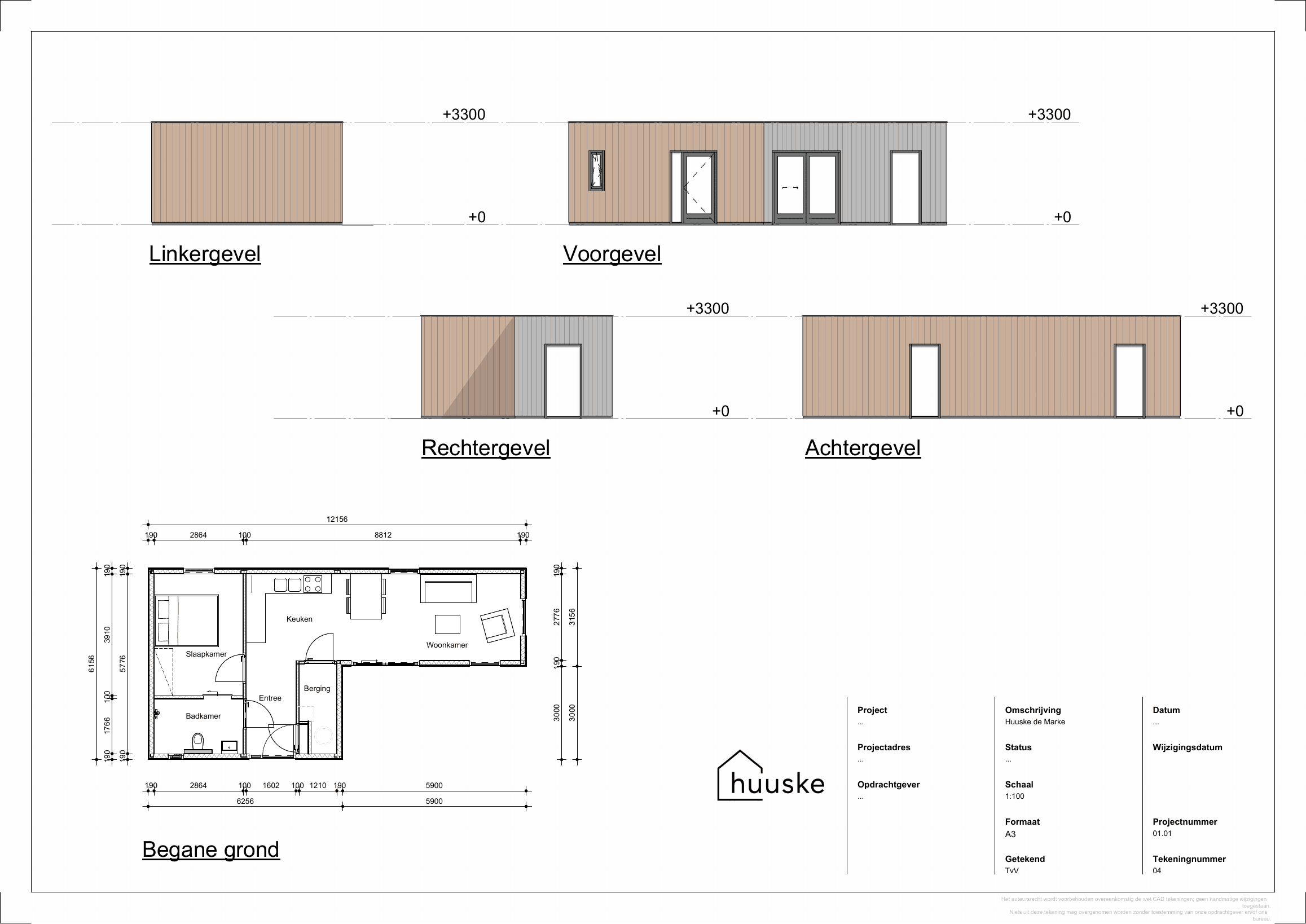 Bouwtekening van Huuske de Marke met voor-, links-, rechter- en achtergevel en de plattegrond van de begane grond met slaapkamer, badkamer, keuken, woonkamer en berging