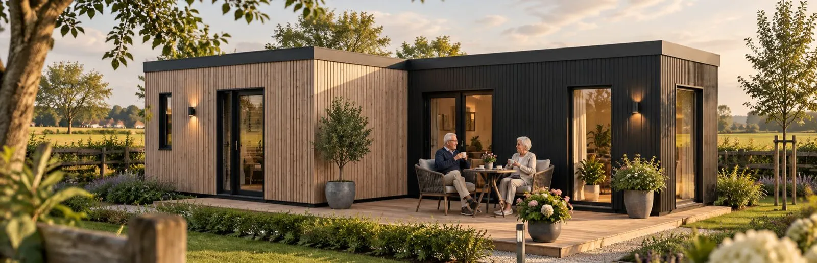 Een houten en zwarte woning met een terras in een groene tuin