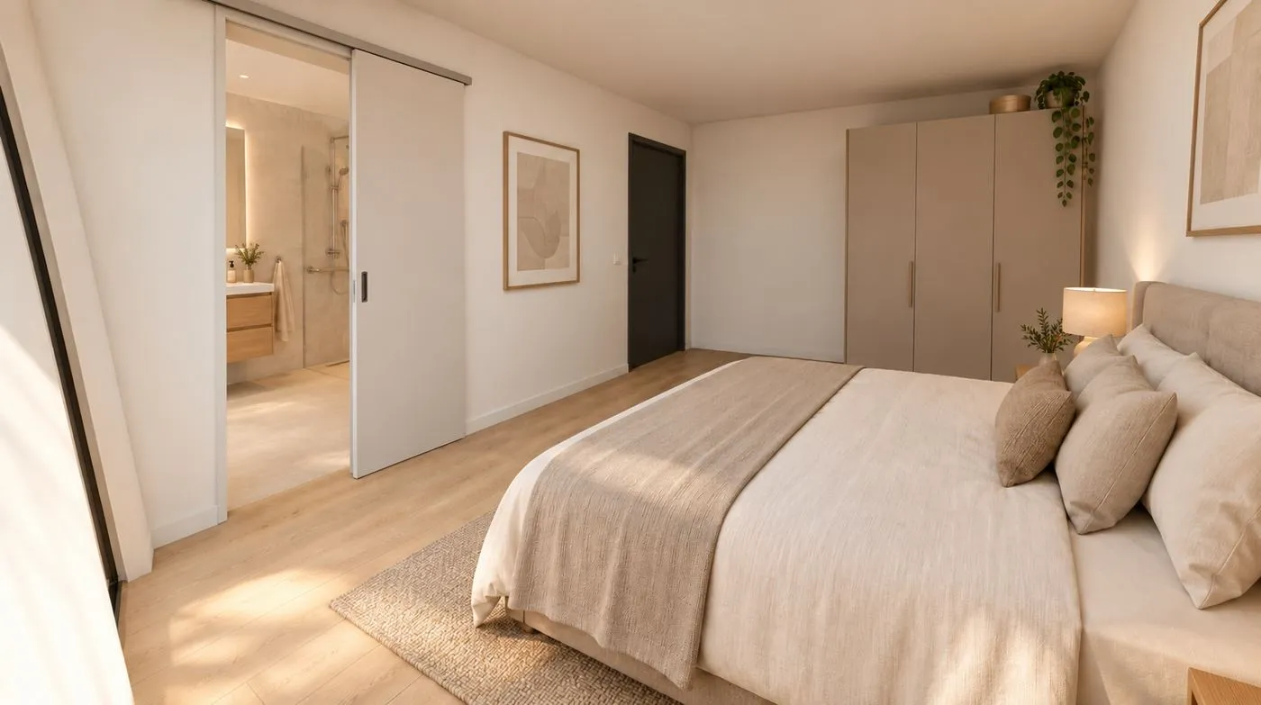 Een lichte slaapkamer met tweepersoonsbed, kledingkast en een schuifdeur naar de badkamer