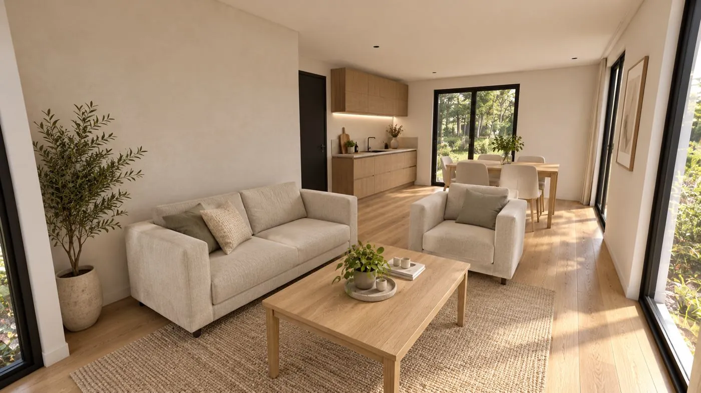 Een ruime, lichte woonkamer met bank, fauteuil, eettafel en open keuken, met uitzicht op de tuin