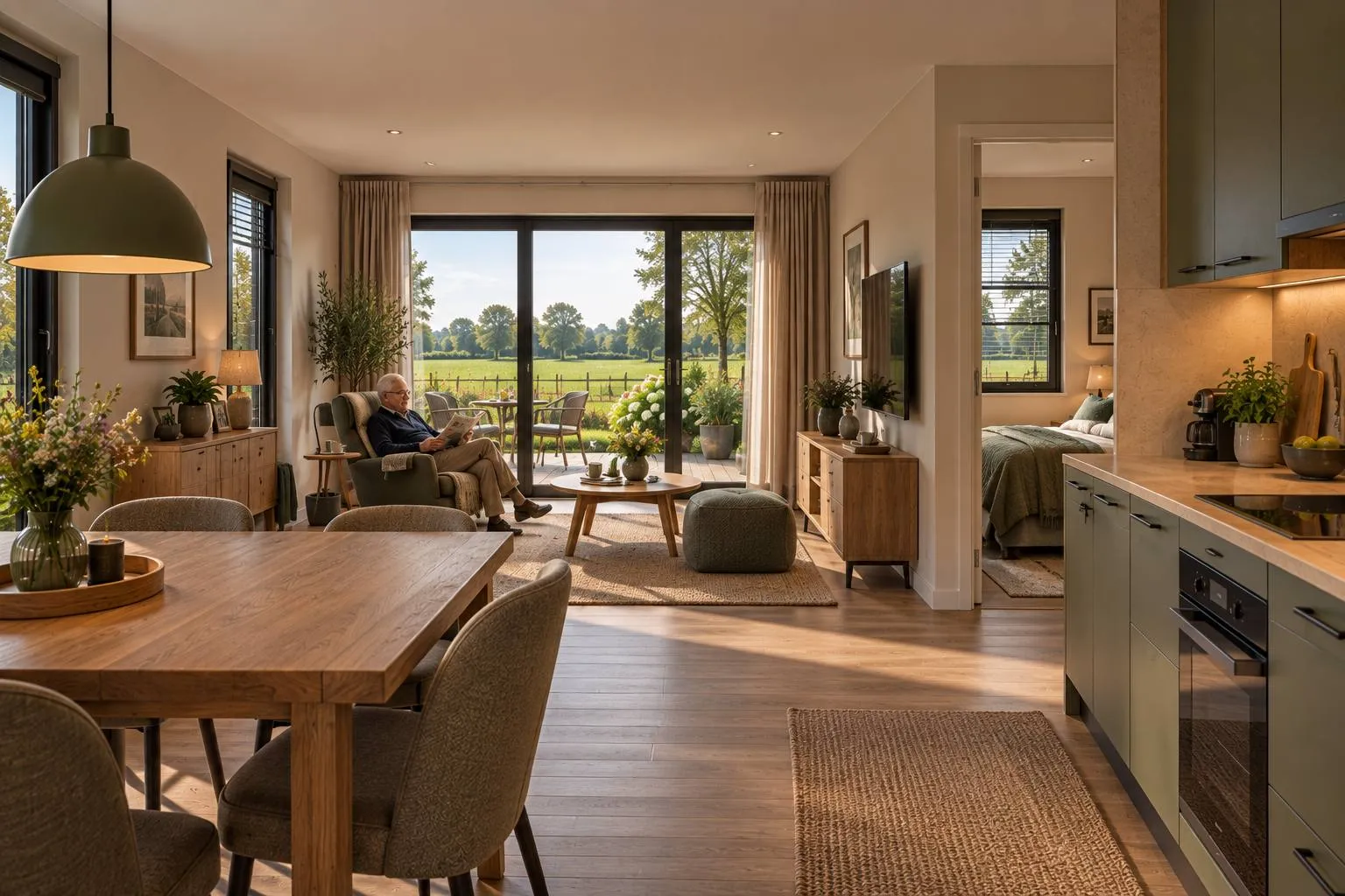 Een ruime, lichte woonkamer met uitzicht op een groene tuin