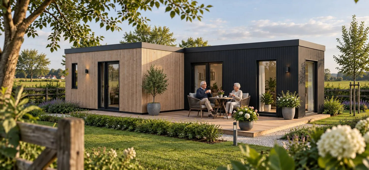 Huuske de Marke, een mantelzorg- en familiewoning met houten en zwarte gevel, met een echtpaar aan tafel op het terras
