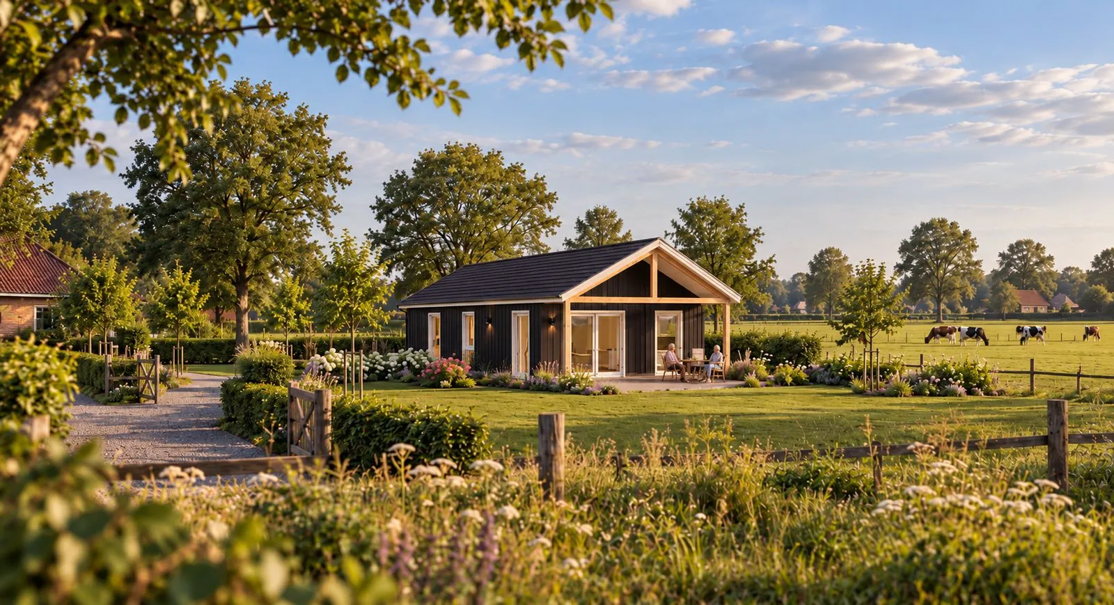 Een zwarte woning met houten veranda in een groene tuin
