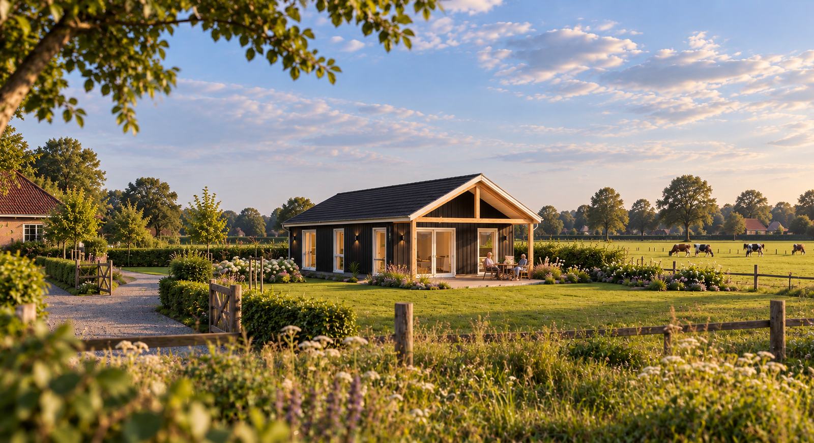 Een zwarte woning met houten veranda in een groene Twentse tuin