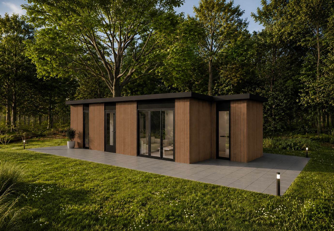 Render van een houten woning met plat dak en grote schuifpui op een tegelterras