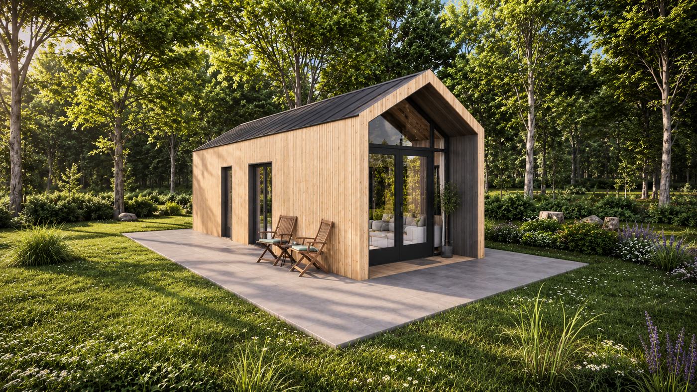 Render van een houten woning met zadeldak, glazen pui en terras tussen de bomen