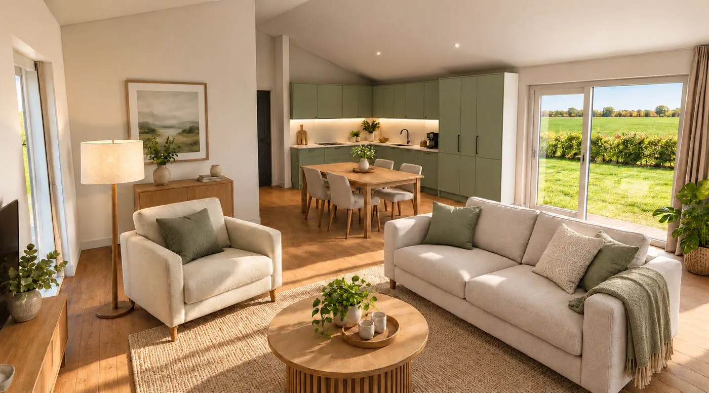 Render van een lichte woonkamer met groene keuken en uitzicht op de tuin