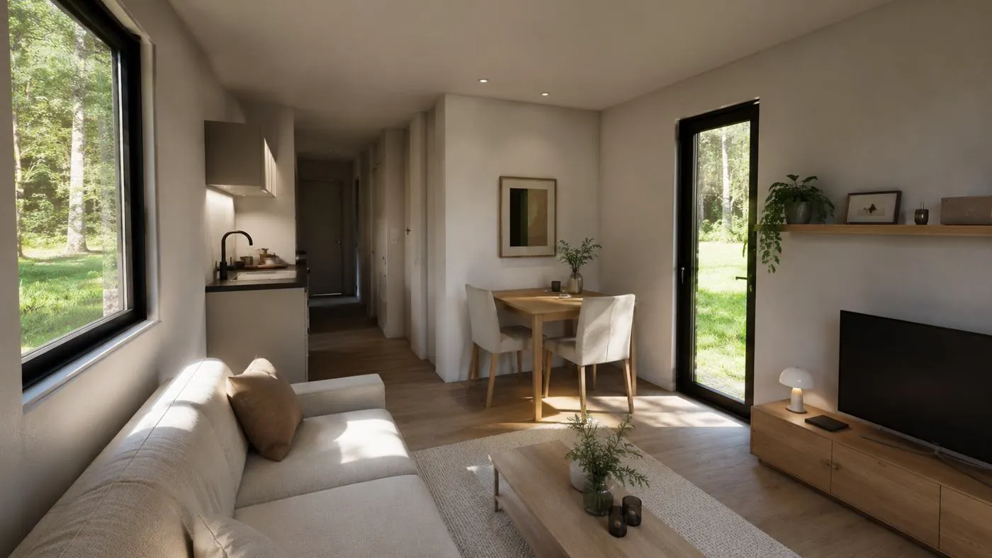 Render van een lichte woonkamer met keuken, eettafel en grote ramen met uitzicht op het groen