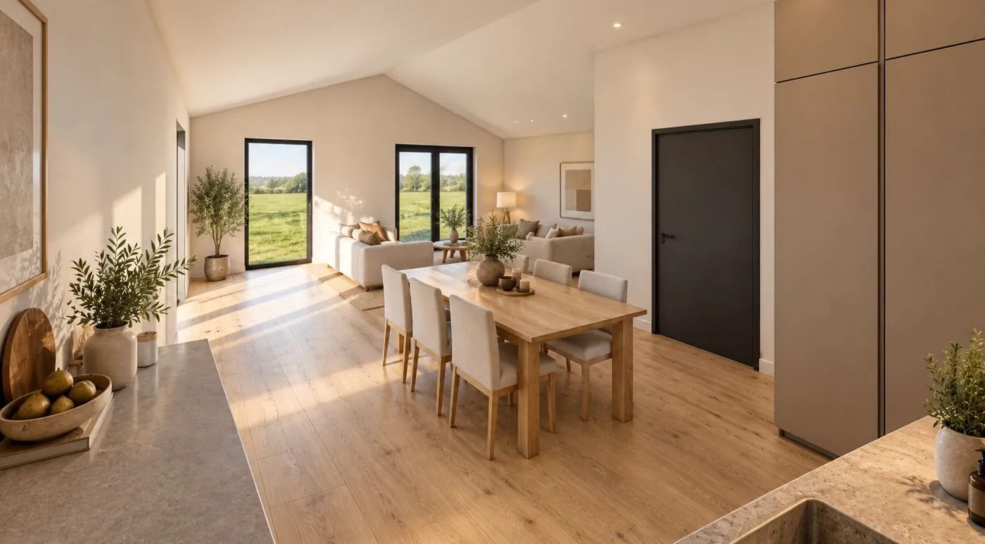 Render van een ruime woonkamer en eettafel onder een hoog dak
