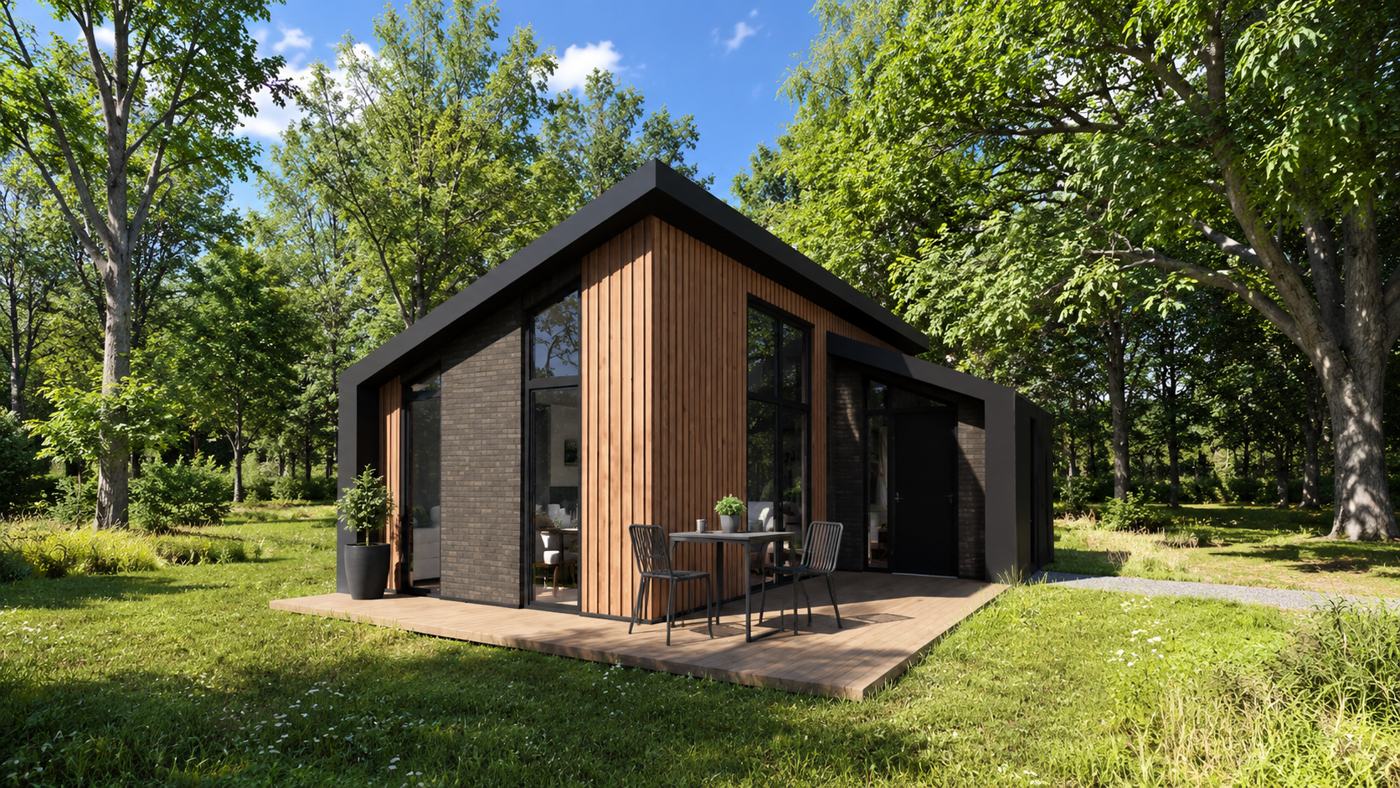 Render van een woning met houten en zwarte gevel, schuin dak en terras met tafel en stoelen