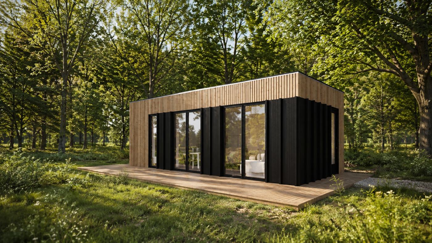 Render van een woning met houten en zwarte gevel en een groot glazen schuifpui op een houten vlonder