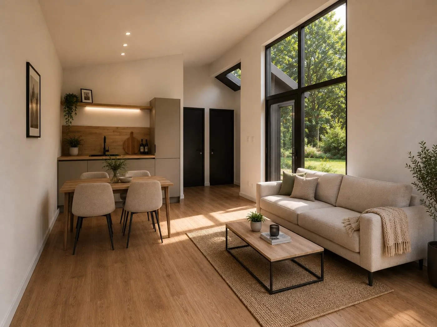 Een lichte woonkamer met open keuken en een hoog raam met uitzicht op de tuin