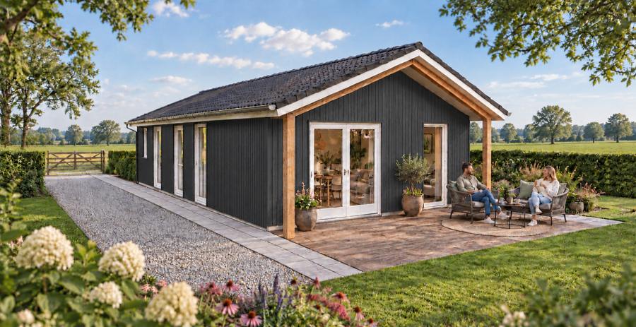 Woning met antracietgrijze gevel, houten overkapping en witte kozijnen