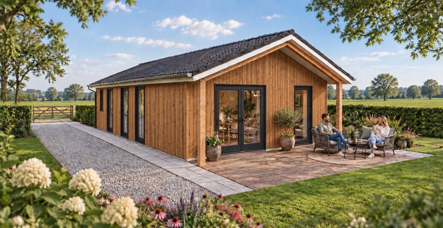 Woning met naturel houten gevel, houten overkapping en zwarte kozijnen