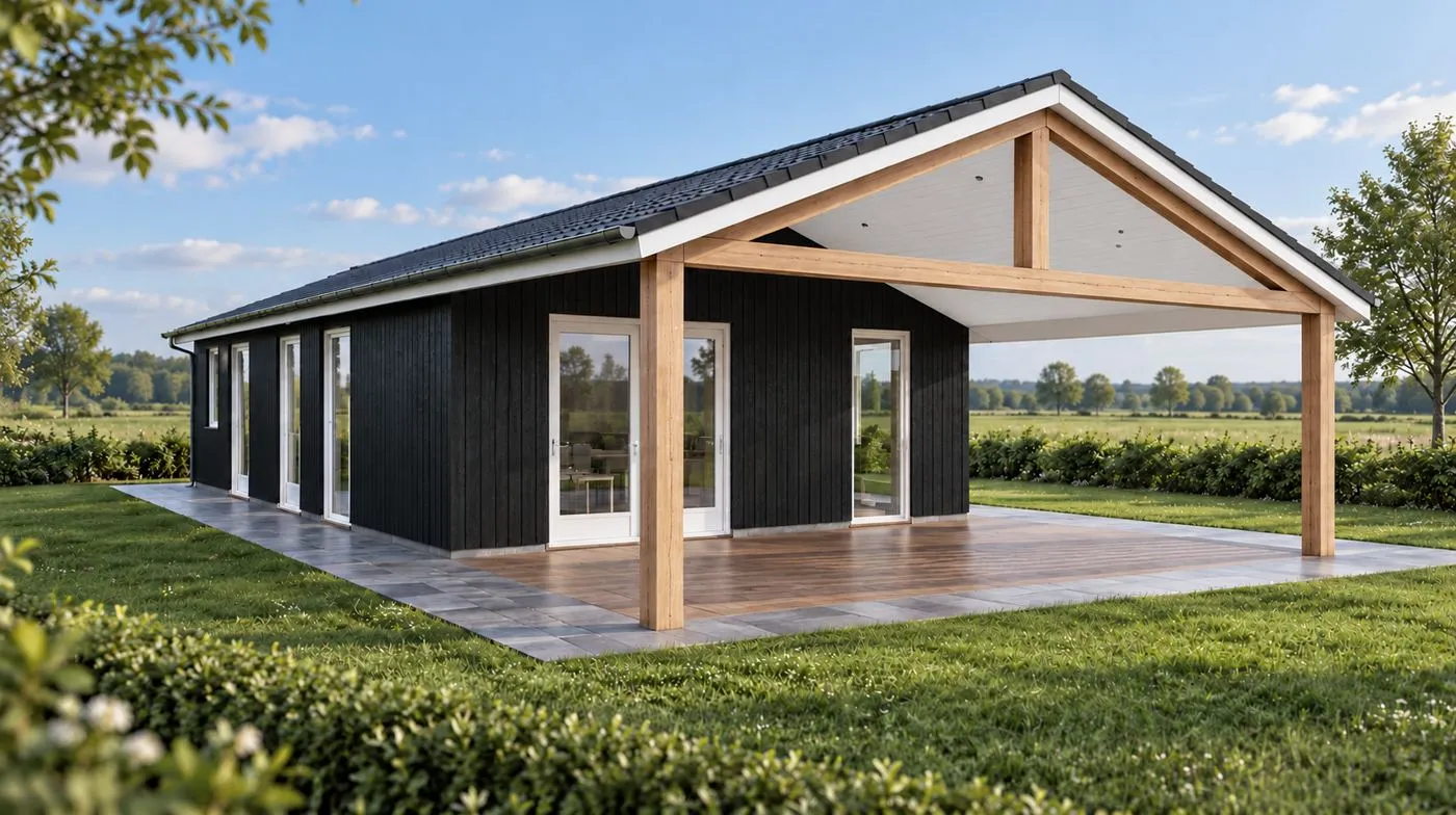Zwarte woning met een grote houten overkapping aan de voorzijde, met een betegeld terras en een tuin op de achtergrond