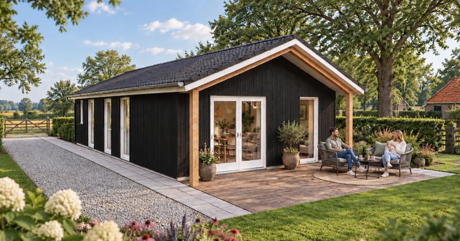 Zwarte woning met houten overkapping en witte kozijnen